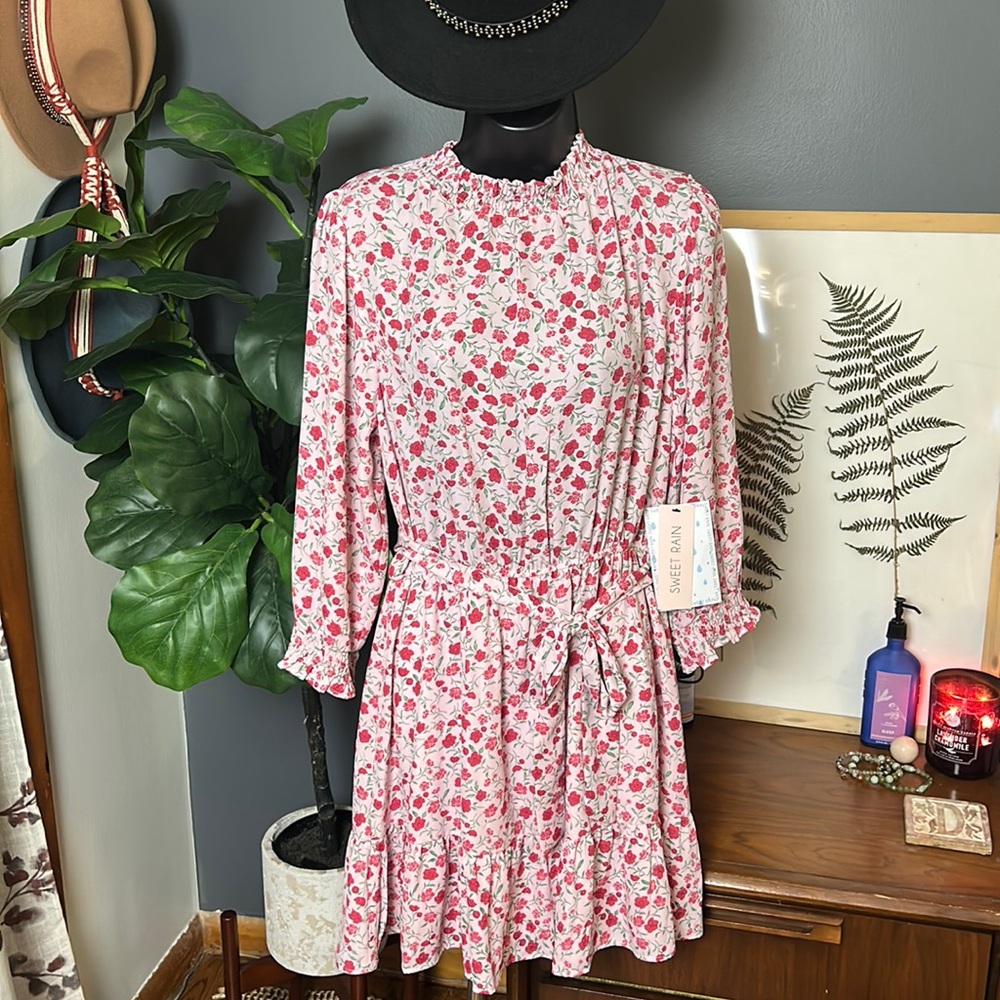 Sweet Rain High Neck Long Sleeve Floral Dress